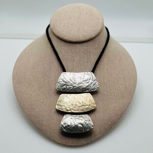 Necklace, Karma Bella, Contemporary Style Stamped Metal Pendants, Black Cord